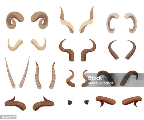 Set Of Animal Horns Horn Icons Horny Hunting Trophy Of Reindeer Flat Vector Illustration Isolated On White Background Stock Illustration - Download Image Now