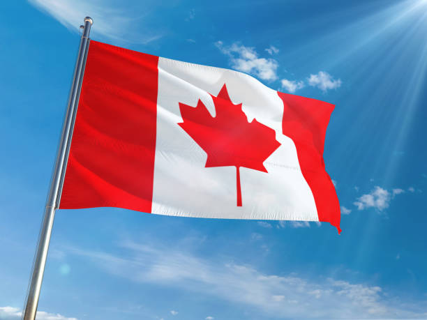 istock Canada National Flag Waving on pole against sunny blue sky background. High Definition 1128954141