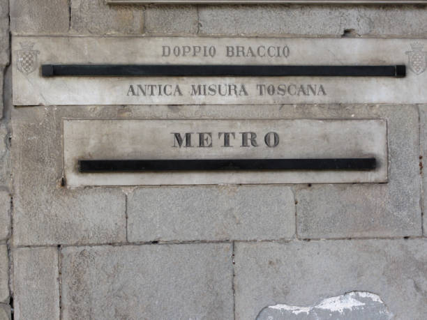 istock Ancient tuscan unit of measurement double arm compared with modern one the meter . Pistoia, Tuscany Italy 1128954176