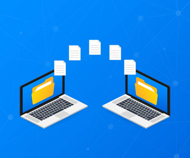 ilustrações, clipart, desenhos animados e ícones de transferência de arquivos. laptops com pastas na tela e documentos transferidos. copiar arquivos, troca de dados, backup. ilustração em vetor. - computer storage compartment connection order