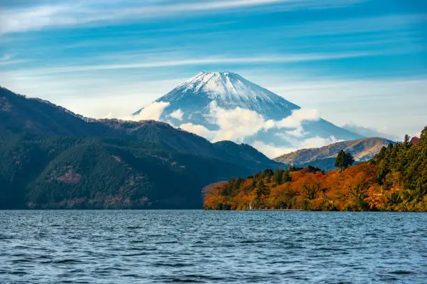 Photo of beautiful autumn scene of mountain Fuji and Lake Ashinoko, Hakone, Japan, travel background