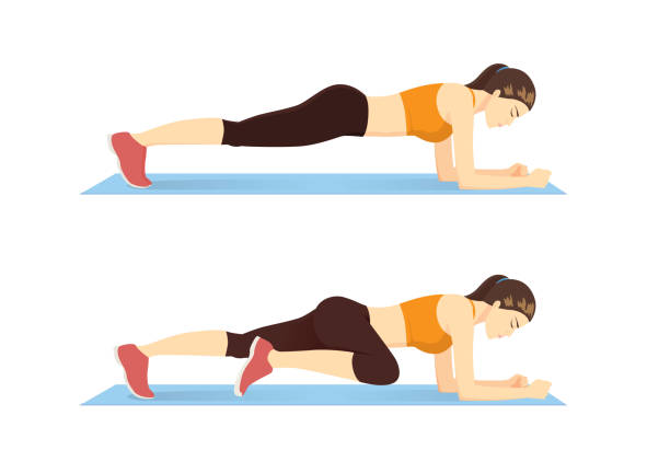 ilustraciones, imágenes clip art, dibujos animados e iconos de stock de mujer haciendo ejercicio abdominal introducción de la posición con la rodilla del tablón al codo en 2 paso. - abdomen abdominal muscle muscular build beautiful