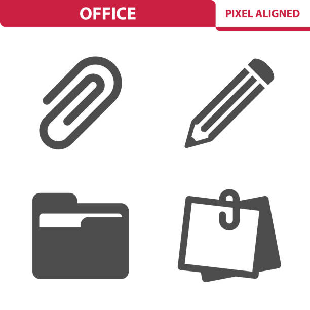 Office Icons Professional, pixel perfect icons, EPS 10 format. manila folder and paper clip stock illustrations