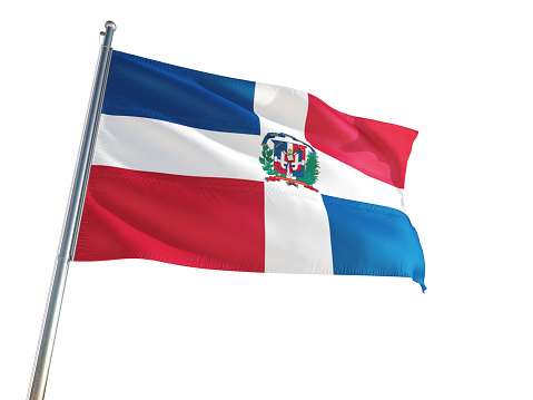 Dominican Republic National Flag waving in the wind, isolated white background. High Definition