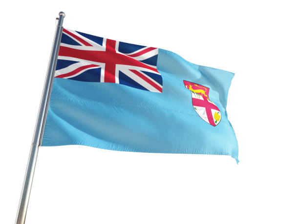 Fiji National Flag waving in the wind, isolated white background. High Definition