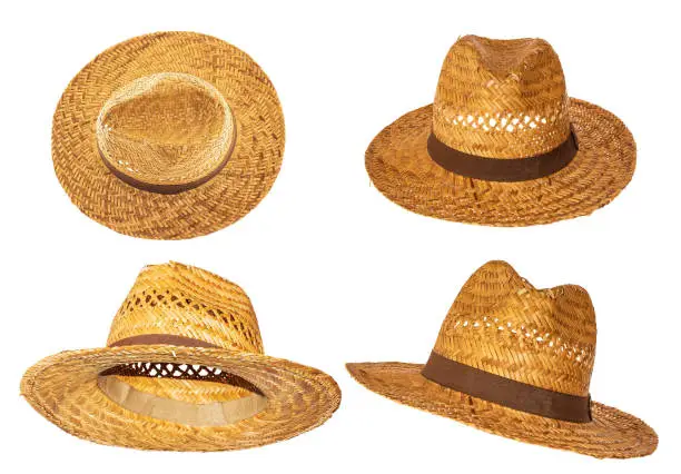 Set of yellow man straw hats isolated on white background