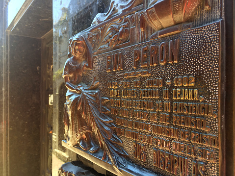 Buenos Aires, Argentina - February 10, 2019: Close up view of one of the many plaques in Eva Peron resting place in Recoleta Cemetery. She is buried deep down the Duarte family crypt located there