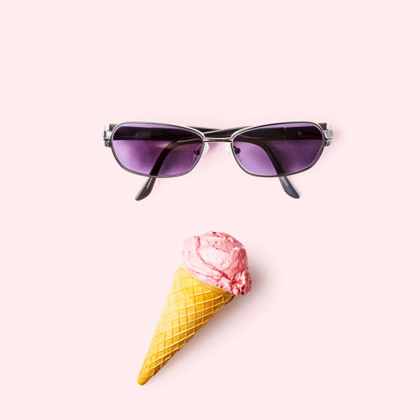 Sunglasses and strawberry ice cream isolated on pink background collection. Springtime concept. Flat lay, top view