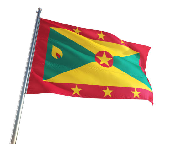 Grenada National Flag waving in the wind, isolated white background. High Definition