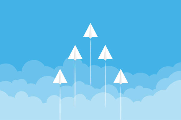 Paper airplanes flying from clouds on blue sky.Paper art style of business teamwork creative concept idea. Paper Planes Background. Paper airplanes flying from clouds on blue sky.Paper art style of business teamwork creative concept idea. Paper Planes Background. follow up stock illustrations