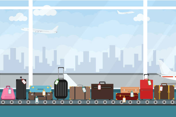 Conveyor belt in airport hall. Baggage claim. Airport conveyor belt with passenger luggage bags vector illustration. Airport baggage belt. Conveyor belt in airport hall. Baggage claim. Airport conveyor belt with passenger luggage bags vector illustration. Airport baggage belt. airport backgrounds stock illustrations
