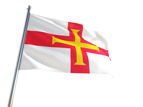 Guernsey National Flag waving in the wind, isolated white background. High Definition