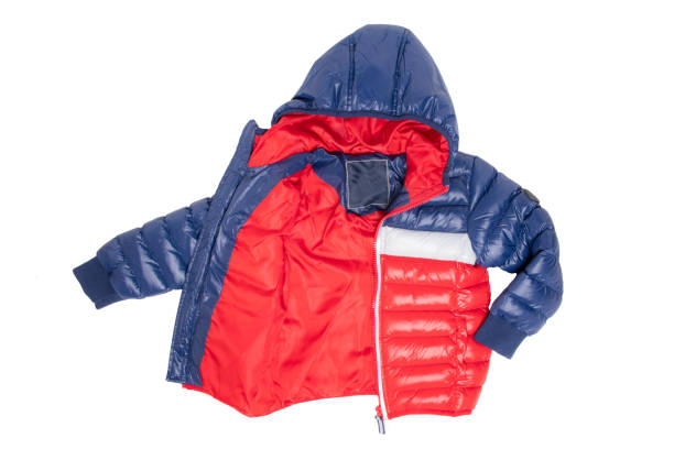 winter jacket isolated. a stylish blue and red warm down jacket with red lining for the kids is isolated on a white background. childrens wear with hood for spring and autumn. - fleece coat imagens e fotografias de stock