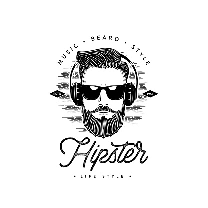 Bearded men face. Hipster. Hand drawn graphic portrait of bearded man with sunglasses. Vector illustration