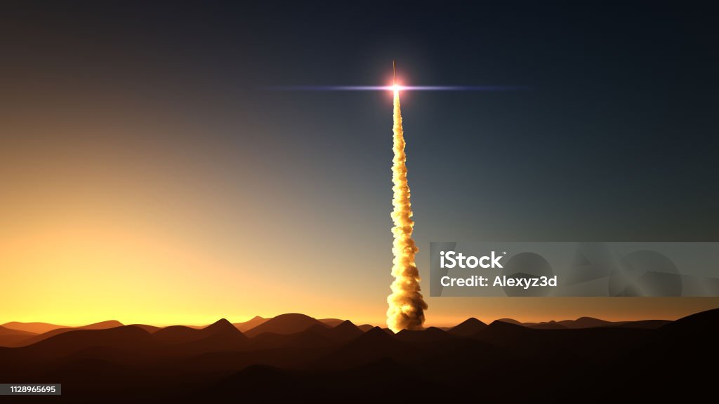 Rocket start from desert rocket start from desert 3d illustration Rocketship Stock Photo