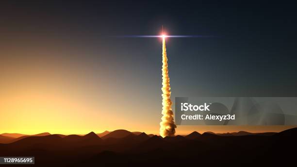 Rocket Start From Desert Stock Photo - Download Image Now - Rocketship, Missile, Taking Off - Activity