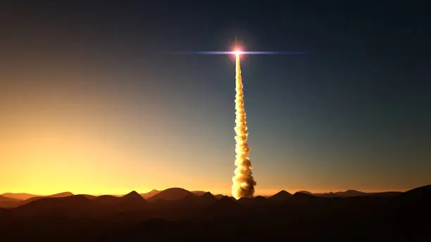rocket start from desert 3d illustration