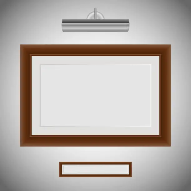 Vector illustration of Photo frame on the wall. Old wood picture frame isolate on white. Braun Wood Frame for Picture and Lamp on a Wall.
