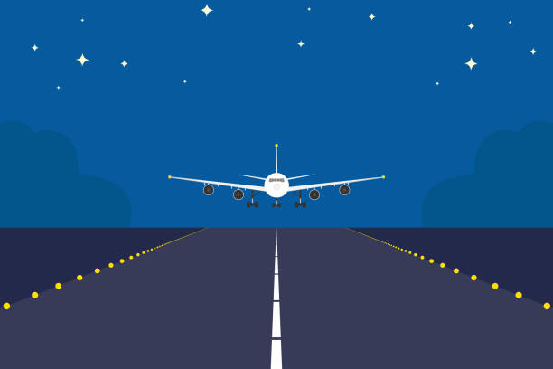 Landing plane over runway at night. Flat and solid color travel concept background. Airplane sunrise landing. Landing plane over runway at night. Flat and solid color travel concept background. Airplane sunrise landing. airport sunrise stock illustrations