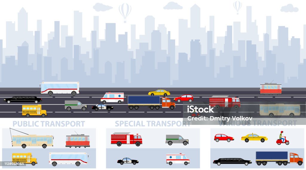 City traffic background with transport vehicles. City infographics design elements set with buildings, road, transport, people icons set. Transportation infographic. Highway stock vector