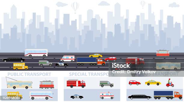 City Traffic Background With Transport Vehicles City Infographics Design Elements Set With Buildings Road Transport People Icons Set Transportation Infographic Stock Illustration - Download Image Now