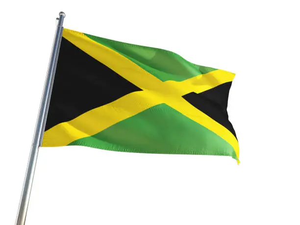 Photo of Jamaica National Flag waving in the wind, isolated white background. High Definition