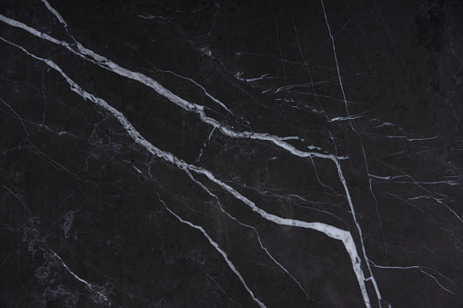 Natural stone Italian marble with white stripes on a dark background, called Nero Marquina.
