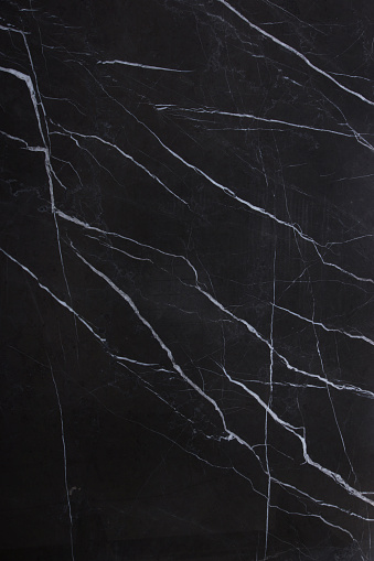 The texture of natural stone is black marble with patterns and white stripes, the stone is called Nero Marquina.