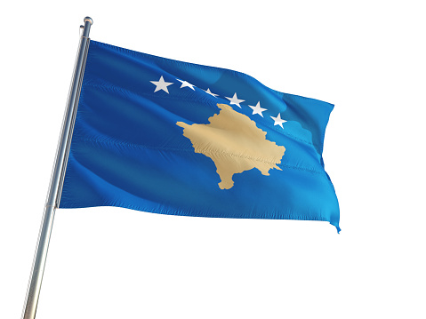 Kosovo National Flag waving in the wind, isolated white background. High Definition
