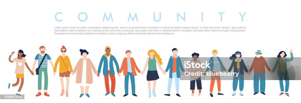 Modern multicultural society concept with people in a row. Group of different people in community standing together and holding hands. Vector illustration isolated on white background Community stock vector