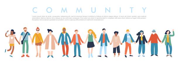 Modern multicultural society concept with people in a row. Group of different people in community standing together and holding hands. Vector illustration isolated on white background unity illustrations stock illustrations