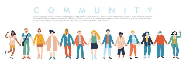Vector illustration of Modern multicultural society concept with people in a row.