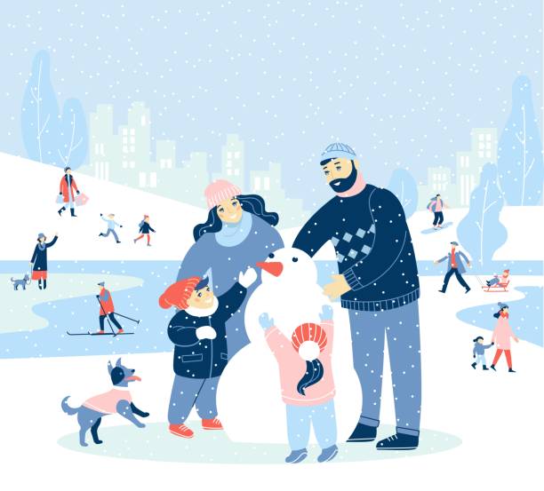 사람들과 현대적인 디자인, 메리 크리스마스, 해피 뉴가 어 겨울 휴가 그림. - snowman snowball men christmas stock illustrations