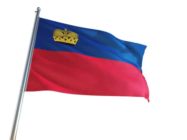 Liechtenstein National Flag waving in the wind, isolated white background. High Definition