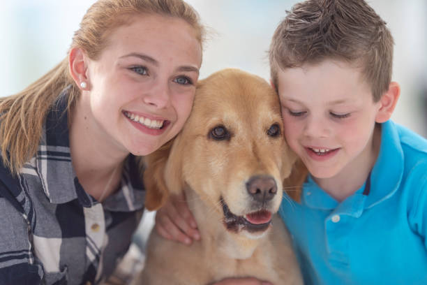 istock Brother and sister cuddle with their dog 1128973011