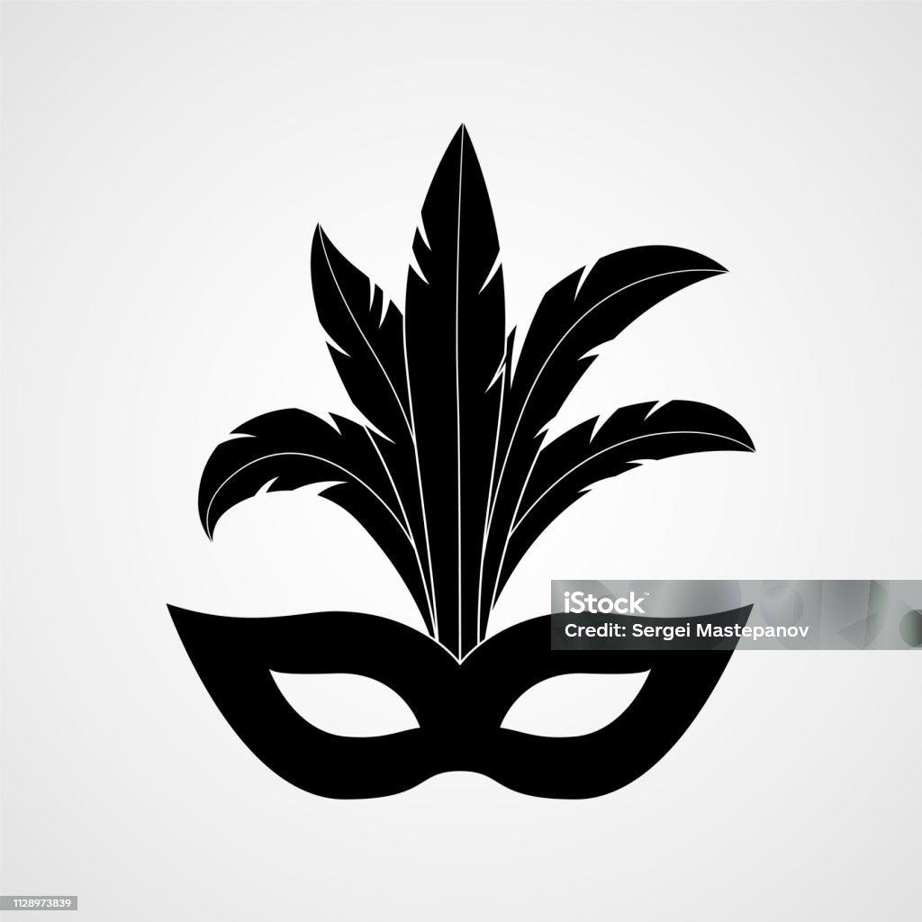 Carnival mask with feathers black silhouette. Vector icon Black Color stock vector