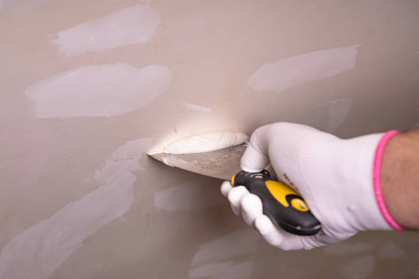 the repair of the walls, a man in a blue glove with a spatula. - plaster plasterer wall repairing imagens e fotografias de stock