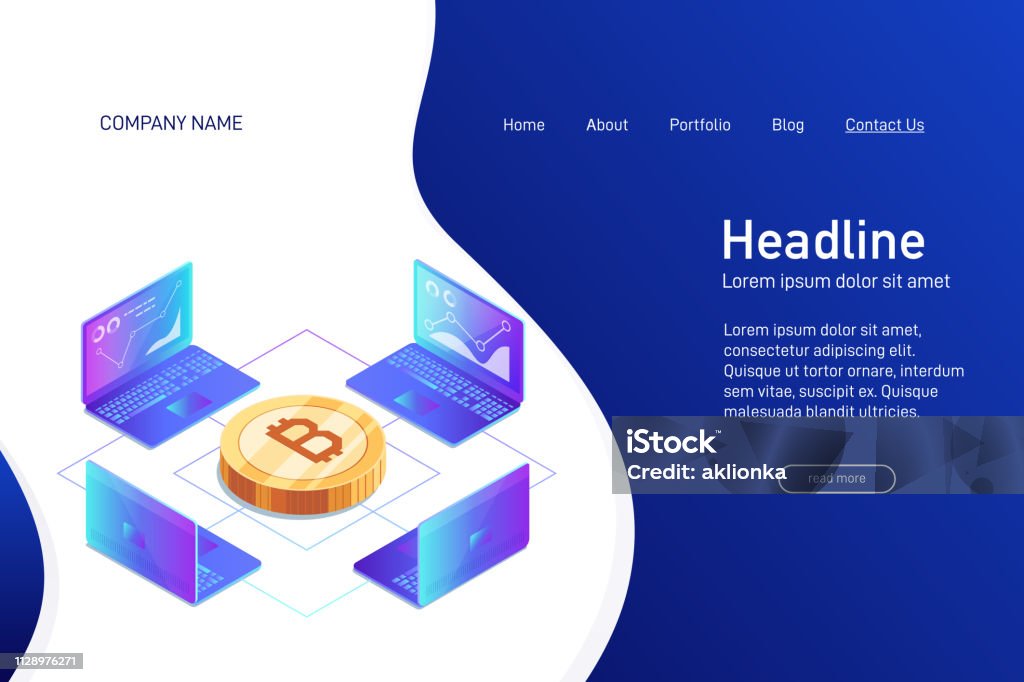 Isometric concept of mining bitcoin using laptop. Concept of web site main page, landing page with isometry. Isometric concept of mining bitcoin using laptop. Laptops, network, analysis and statistics. 3d gold bitcoin. Vector illustration. Analyzing stock vector