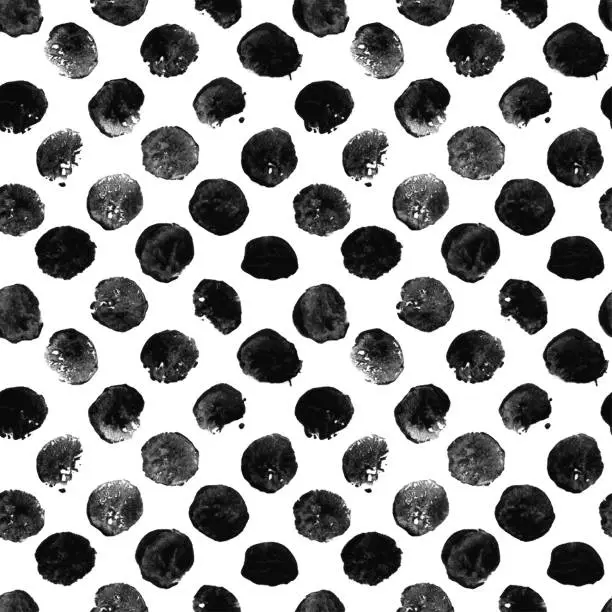 Vector illustration of Stamped polka dots - seamless irregular uneven black dots isolated on white surface arranged in a row - fabric pattern in vector