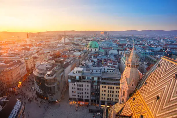 Aerial cityscape image of Vienna capital city of Austria during sunset.
