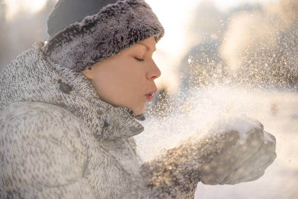 Healthy breath. Cold weather portrait. Winter concept