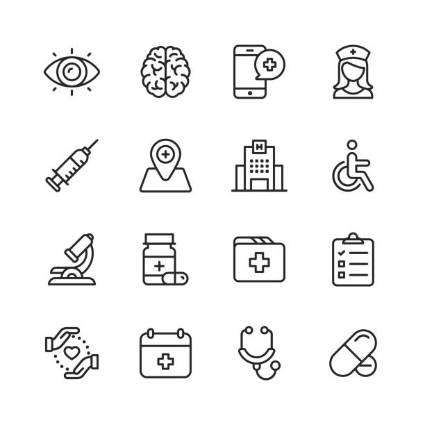 의료 및 의료 선 아이콘입니다. 편집 가능한 선입니다. 픽셀 완벽 한입니다. 모바일과 웹. 뇌, 간호사, 병원, 휠체어, 의학 같은 아이콘을 포함 되어 있습니다. - rx symbol computer icon healthcare and medicine stock illustrations