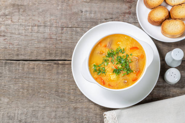 istock Red lentil soup with vegetables. The view from the top. Copy-space. 1128981261