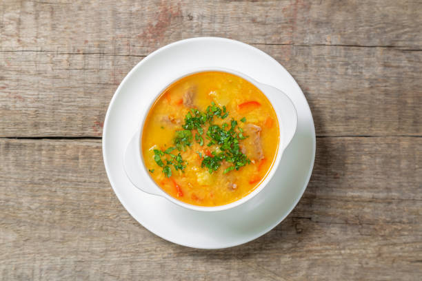 istock Red lentil soup with vegetables. The view from the top. Copy-space. 1128981281