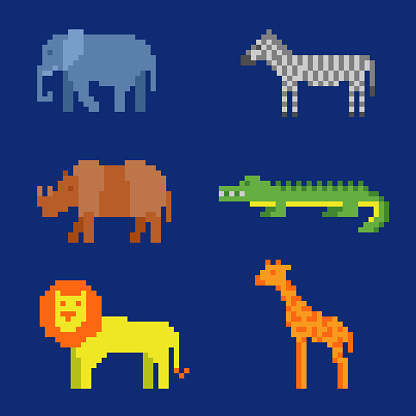 Set of pixel animals icons. Zoo or wild fauna of Africa (lion, crocodile, elephant, etc.) in 8 bit game retro style. Color vector illustration