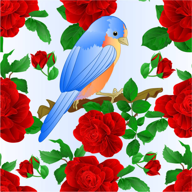 bezszwowa tekstura mały songbirdon bluebird drozd i czerwona róża wiosna tło vintage ilustracja wektorowa edytowalna - spring birdsong bird seamless stock illustrations