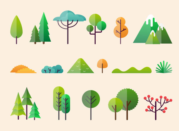 ilustraciones, imágenes clip art, dibujos animados e iconos de stock de resumen bosque plantas y árboles. paisajes forestales. - rainbow multi colored sun sunlight