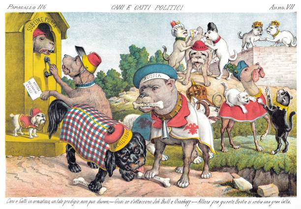 political dogs and cats, satirical cartoon weekly of 1879 by Augusto Grossi for a weekly publishing by Il Papagallo magazine domestic cat greece stock illustrations