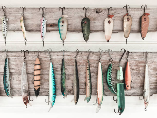 istock Colorful fishing baits on a wooden wall 1128991071