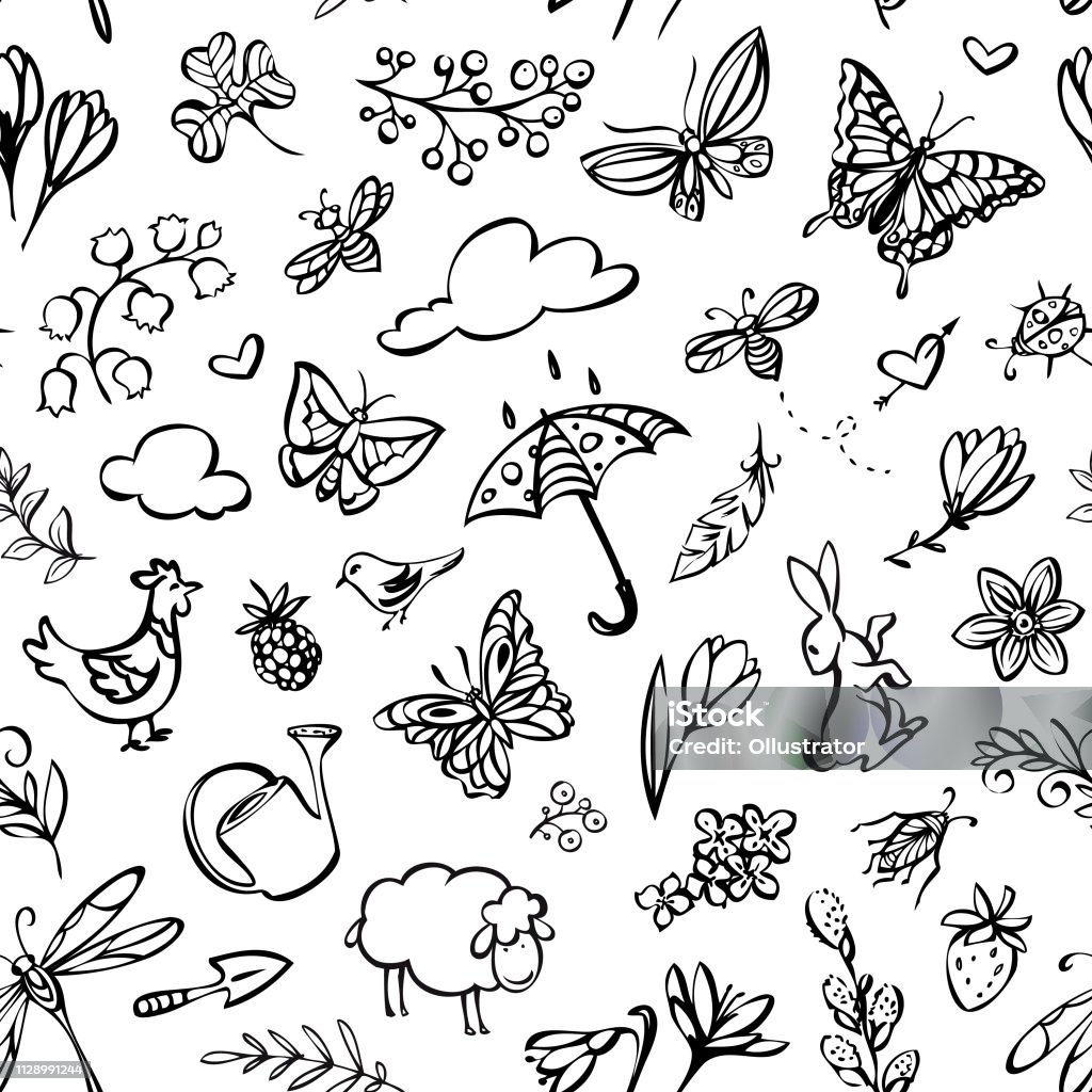 Spring seamless pattern Vector hand drawn spring elements seamless pattern. Pattern stock vector